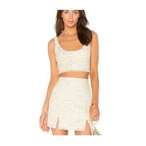 NBD Shawna Crop Top & Blair Mini Skirt Set Ivory Gold Tweed Small